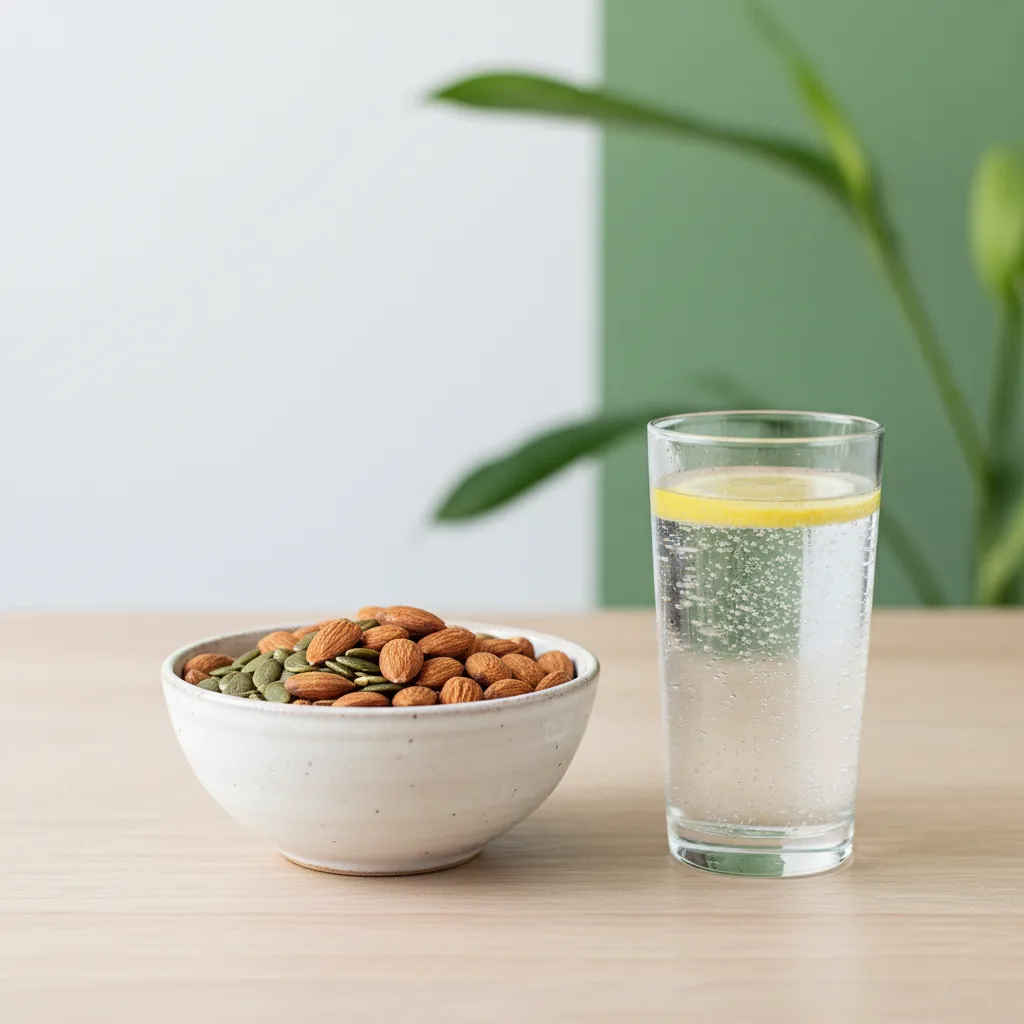 Amandelen, pompoenpitten en een glas mineraalwater op een houten tafel als bron van magnesium