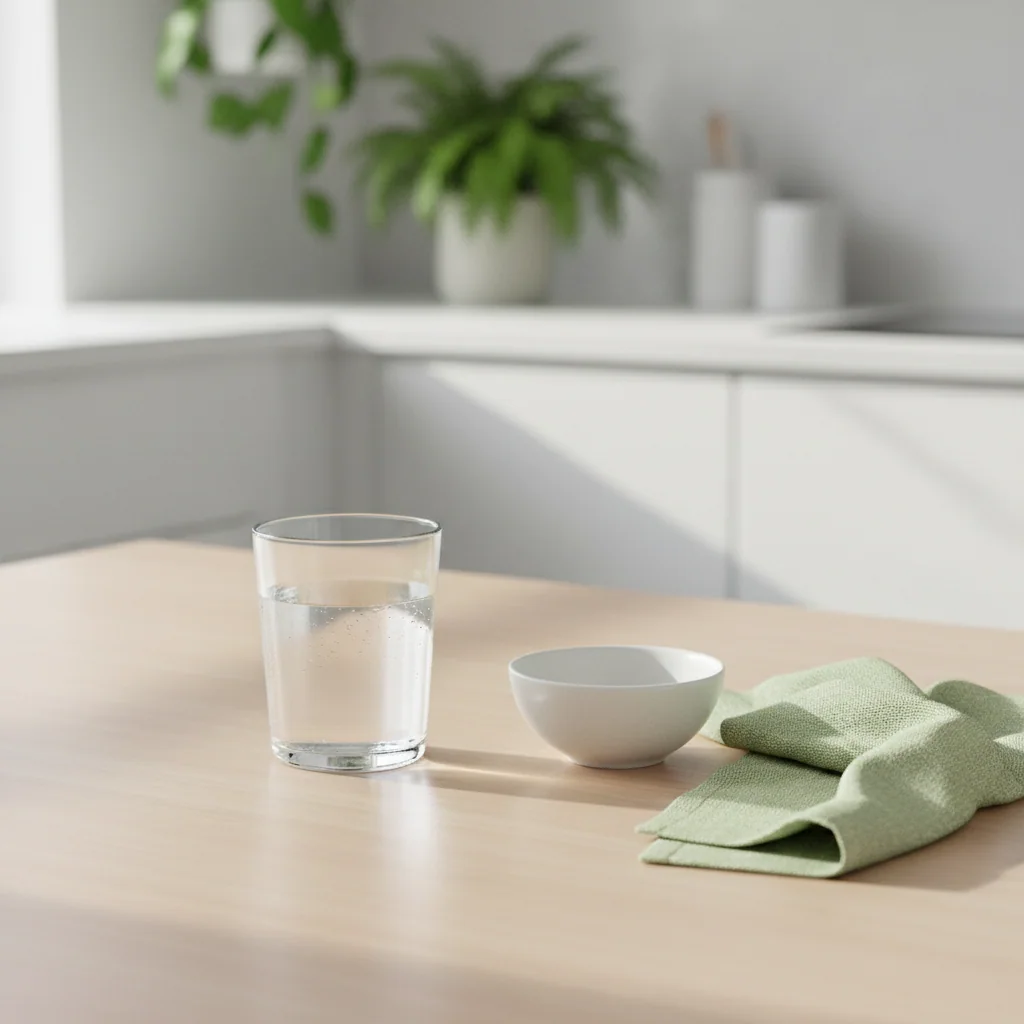 Glazen water en ontbijtbord op een verlicht keukenblad 's ochtends